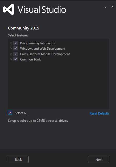 Размер установочного файла Visual Studio Community для Windows