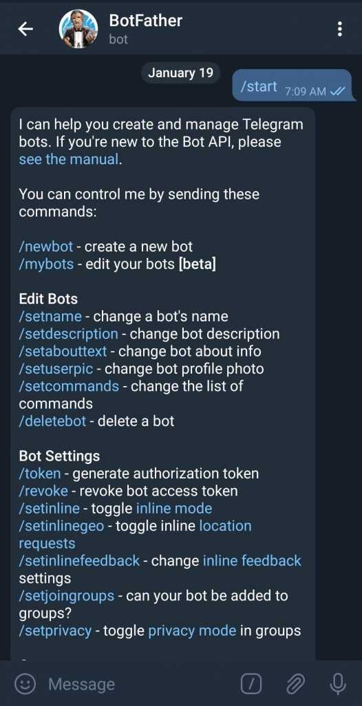 Регистрация бота в Telegram и получение токена