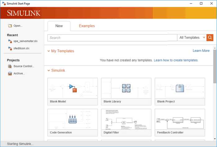 Открытие Simulink через стартовое окно Matlab
