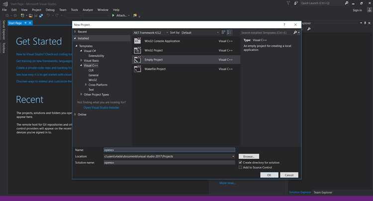 Создание нового проекта C++ в Visual Studio