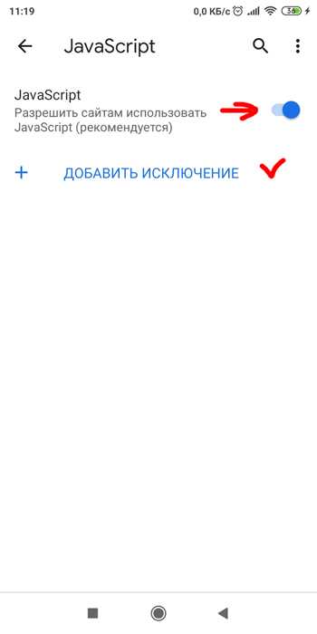 Включение JavaScript в Google Chrome на телефоне