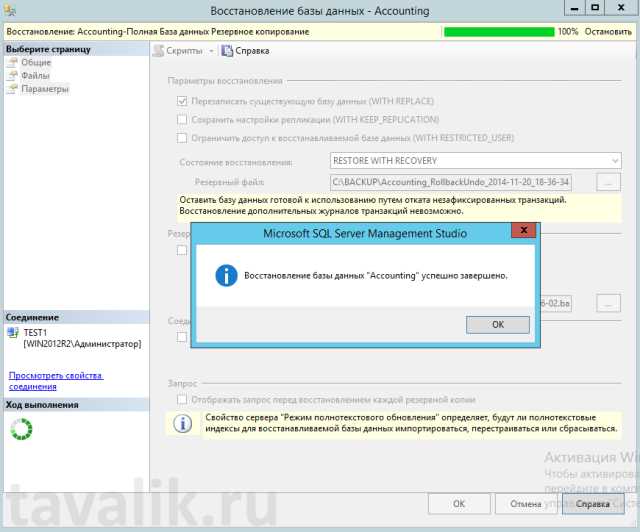 Выполнение команды RESTORE DATABASE с указанием параметров