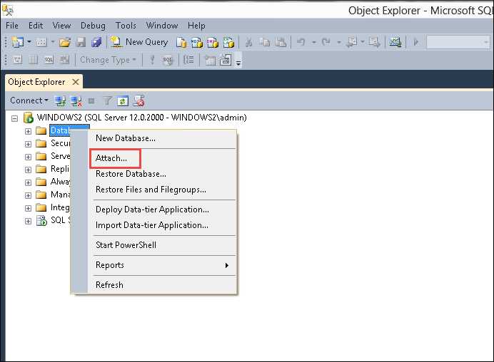 Восстановление базы через T-SQL команду sp_attach_db